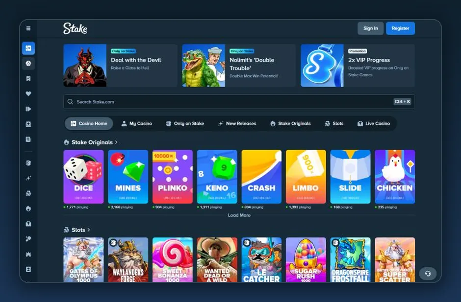 Casino home of stake.com with the Stake Originals and Slots rows