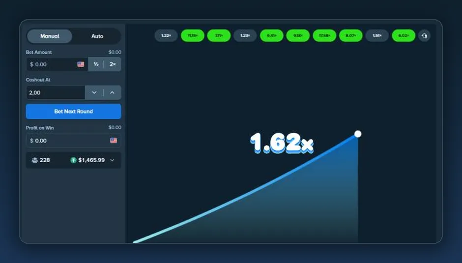 Crash game window on stake.com with the rising multiplier curve and Cashout At field