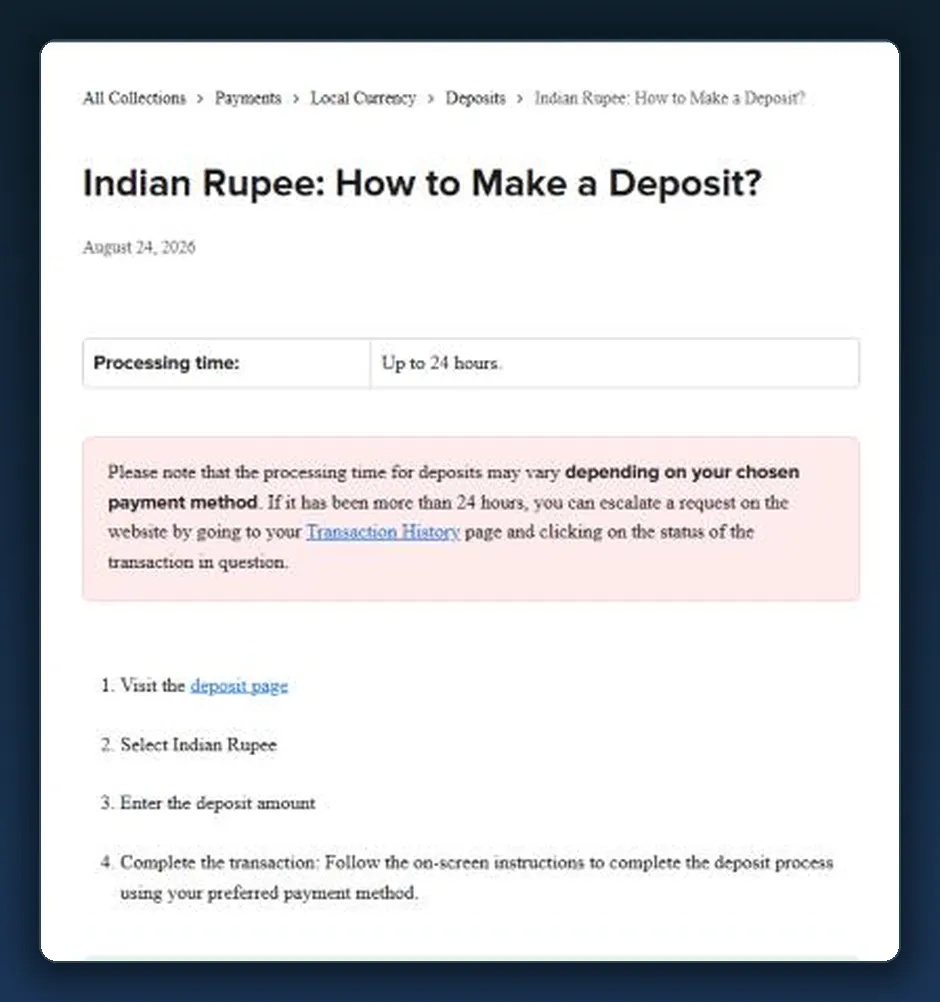 Help-centre article on Indian Rupee deposits: up to 24 hours, four steps