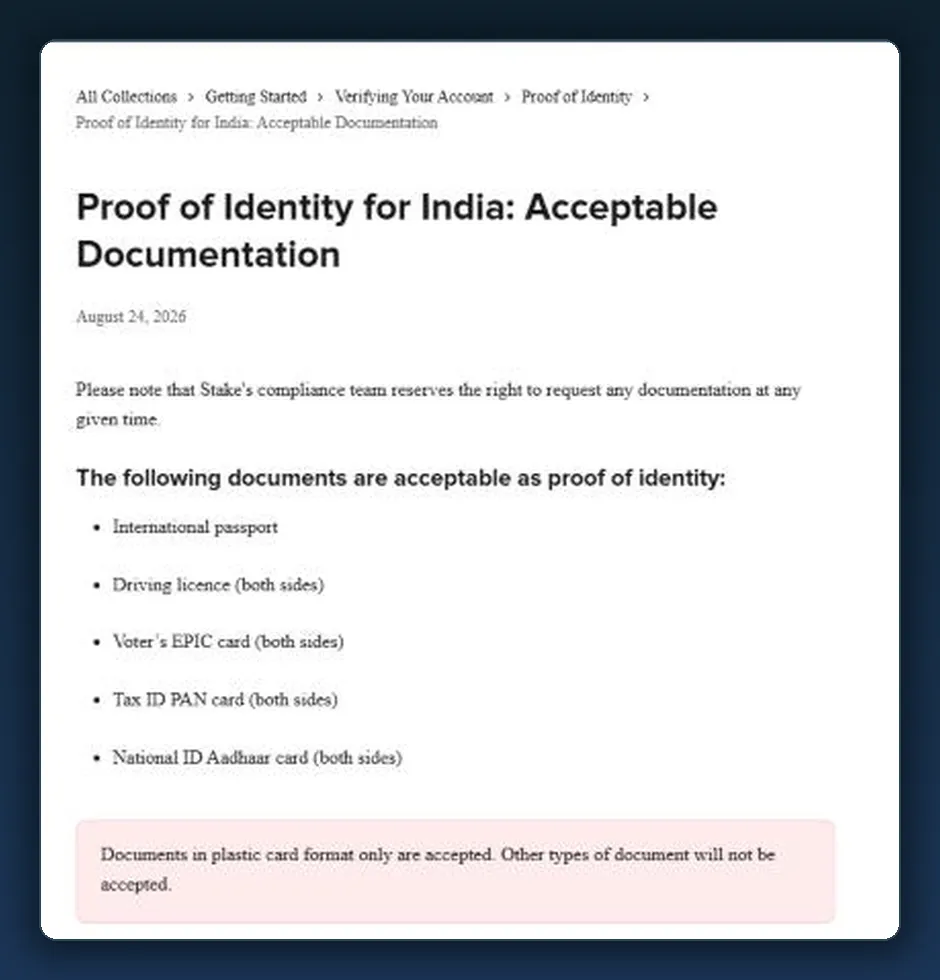 Help-centre article on proof of identity for India: passport, driving licence, EPIC, PAN, Aadhaar