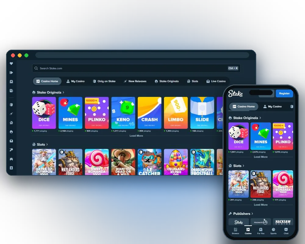 Stake casino lobby on desktop and in a phone browser