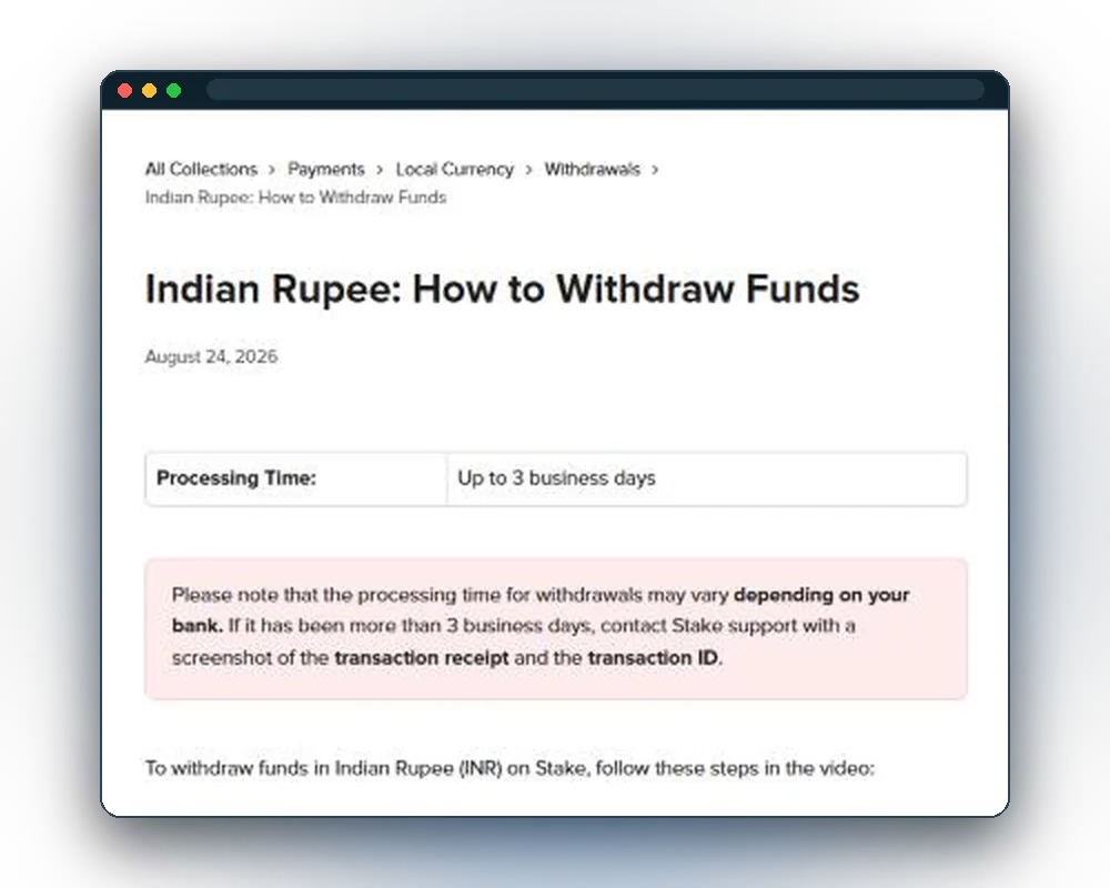 Help-centre article on Indian Rupee withdrawals