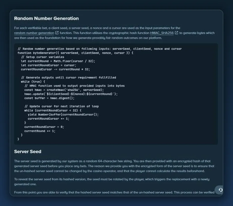 Provably fair implementation page on stake.com: server seed, client seed, nonce